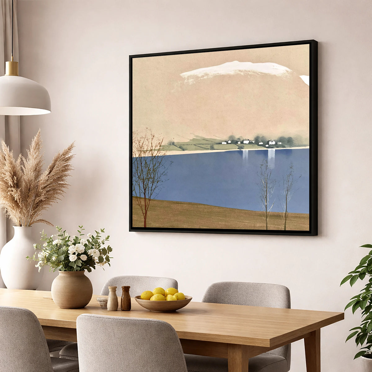 Winter Waters at Pooley Bridge lake district village wall art displayed in a dining room
