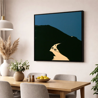 Walkers Ascending Luminous Fell Path lake district walking wall art displayed in a dining room
