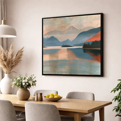 Terracotta Sunset on Derwentwater lake district lake wall art displayed in a dining room