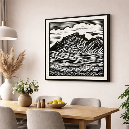 Scafell Pike in Bold Monochrome lake district fell wall art displayed in a dining room
