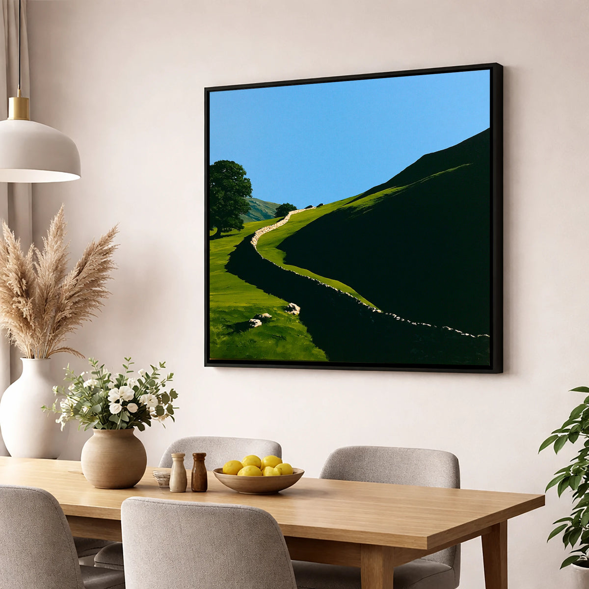 Shadowed Valley Drystone Wall lake district valley wall art displayed in a dining room