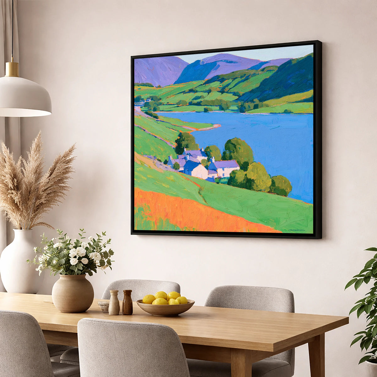 Vibrant Lakeside Village Scene lake district village wall art displayed in a dining room