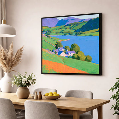 Vibrant Lakeside Village Scene lake district village wall art displayed in a dining room