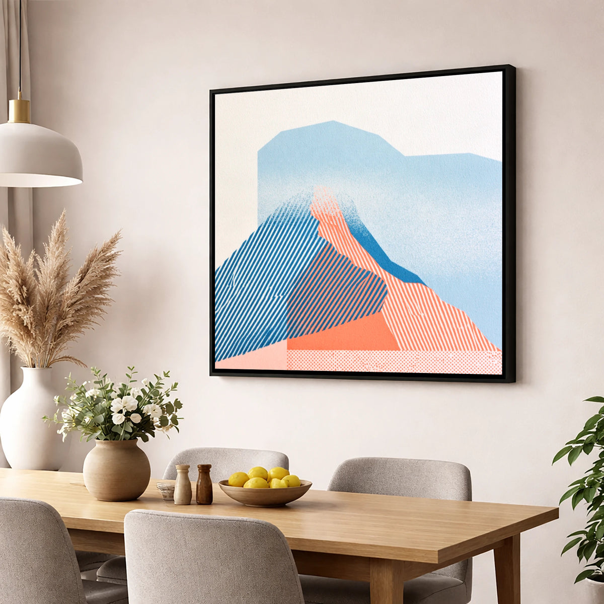 Coral and Blue Mountain Ridge lake district fell wall art displayed in a dining room
