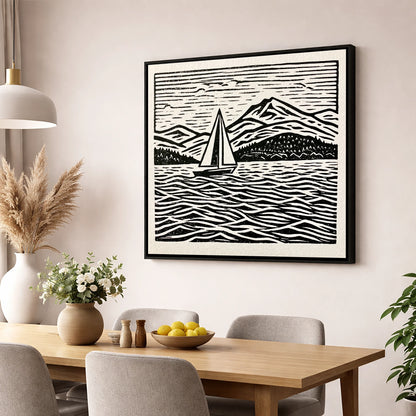 Monochrome Windermere Sailboat and Fells lake district lake wall art displayed in a dining room