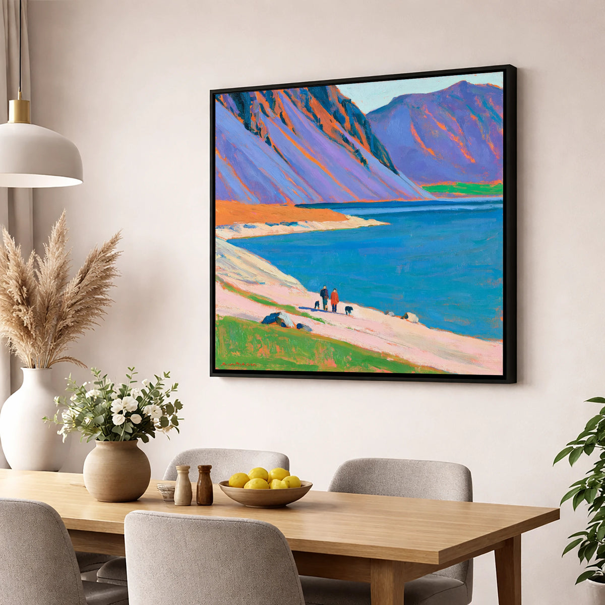 Colourful Wast Water Dog Walk gifts for dog walkers wall art displayed in a dining room