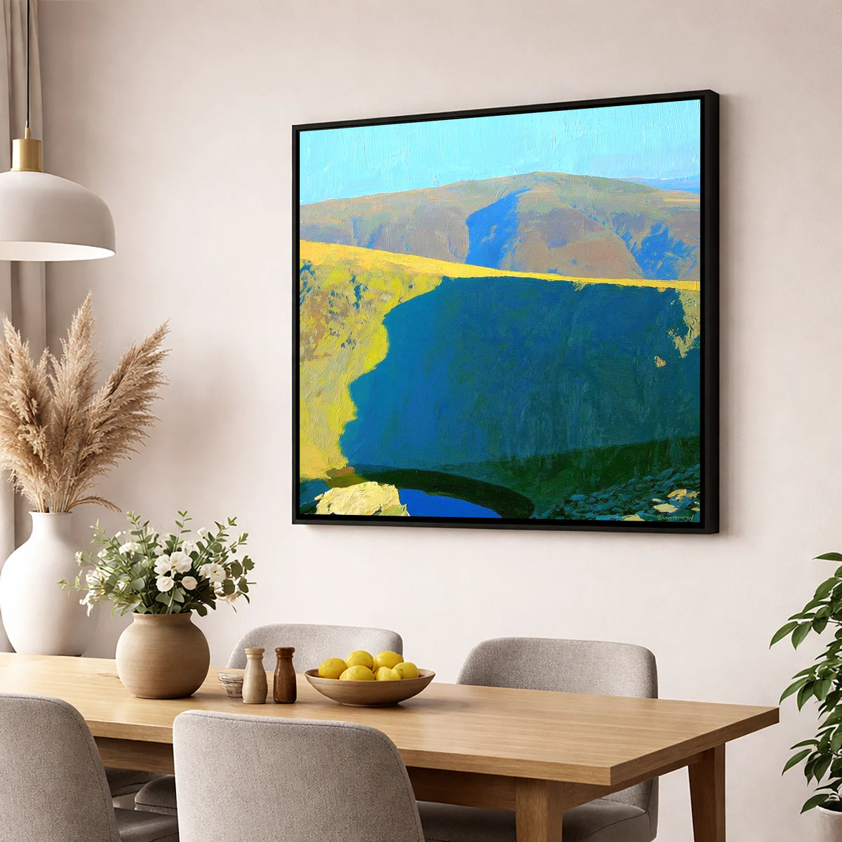 Sunlight Over High Street Crags lake district fell wall art displayed in a dining room