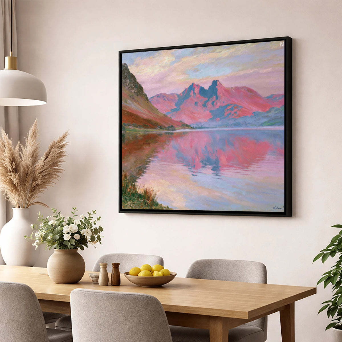 Radiant Sunset at Loweswater lake district lake wall art displayed in a dining room