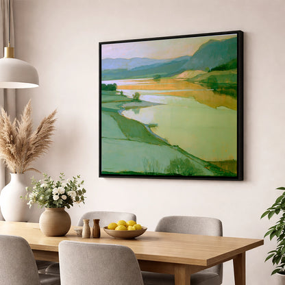 Sage Pastures by the Lake lake district lake wall art displayed in a dining room