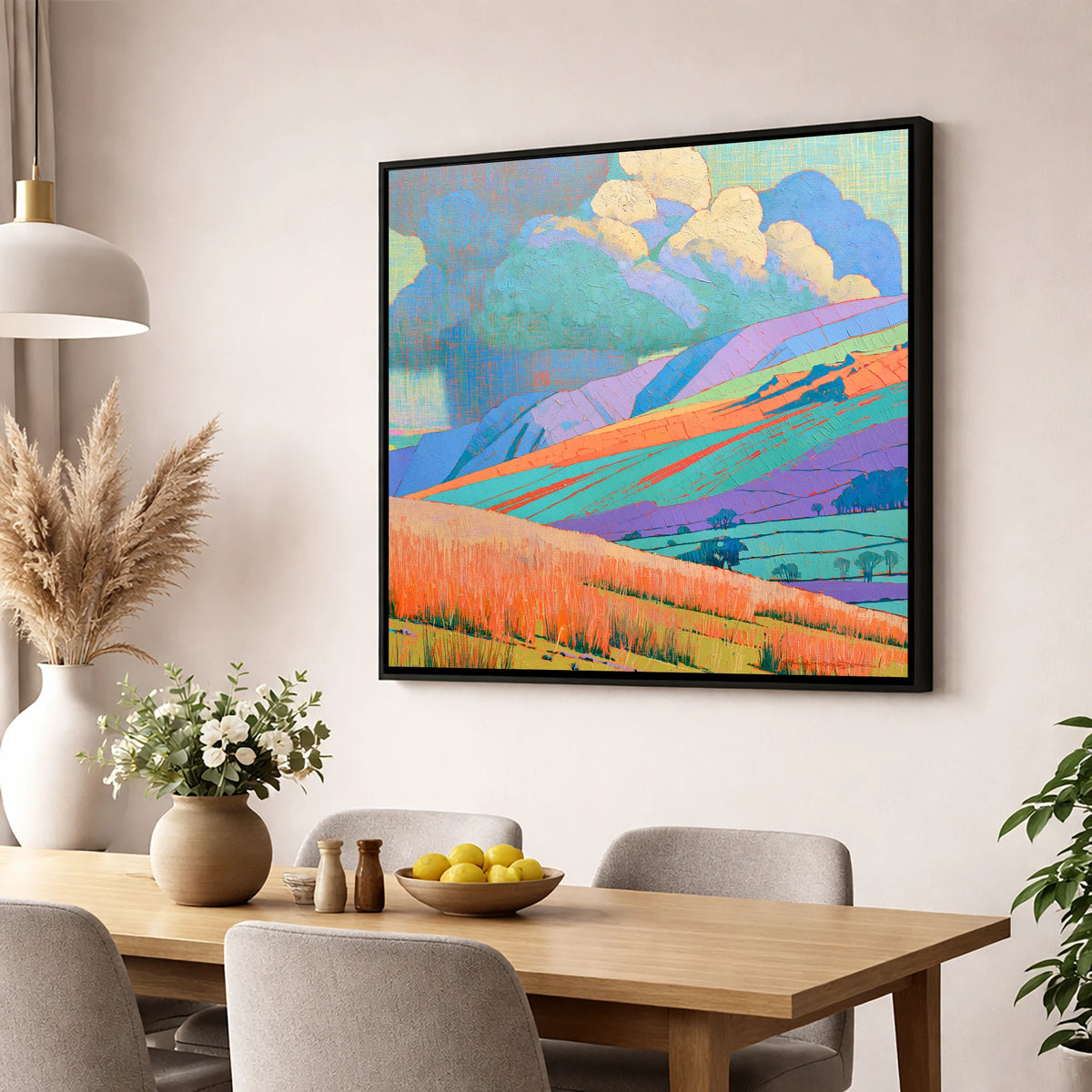 Storm Clouds Over Vivid Fells lake district sky wall art displayed in a dining room
