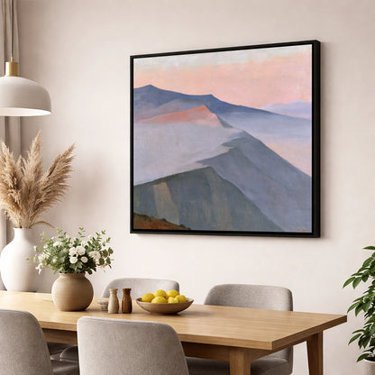 Pastel Mountain Ridge in Mist lake district fell wall art displayed in a dining room