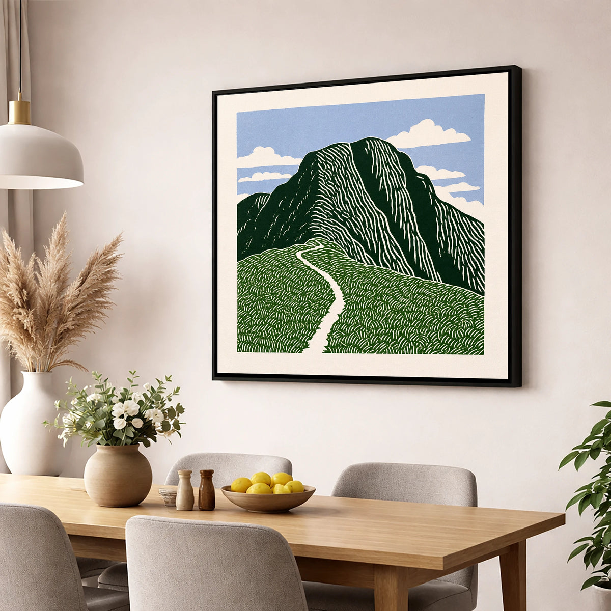 Graphic Scafell Pike Mountain Path lake district fell wall art displayed in a dining room