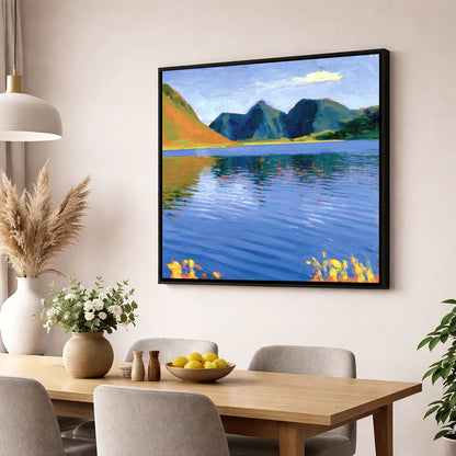 Vibrant Reflections on Loweswater lake district lake wall art displayed in a dining room