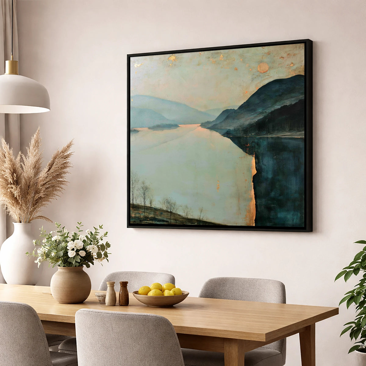 Ullswater in Slate and Gold lake district lake wall art displayed in a dining room