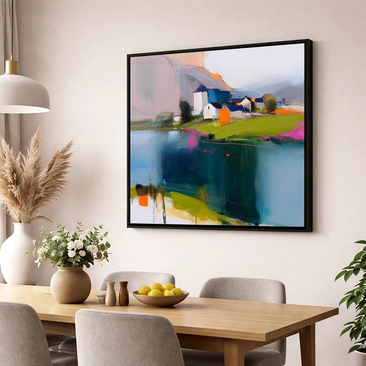 Vibrant Lakeside Village Reflections lake district village wall art displayed in a dining room
