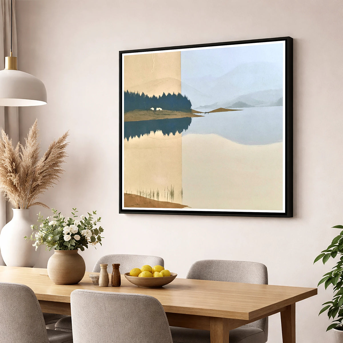 Slate Blue Lake Dawn Reflection lake district lake wall art displayed in a dining room