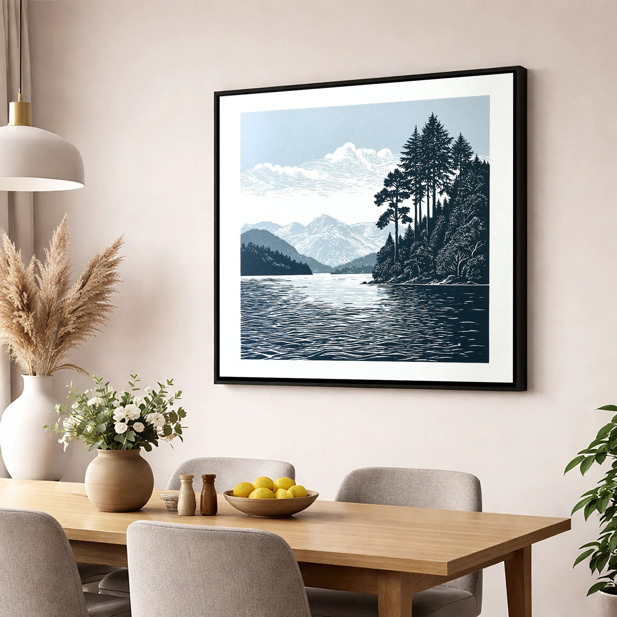 Windermere Shoreline in Deep Navy lake district lake wall art displayed in a dining room