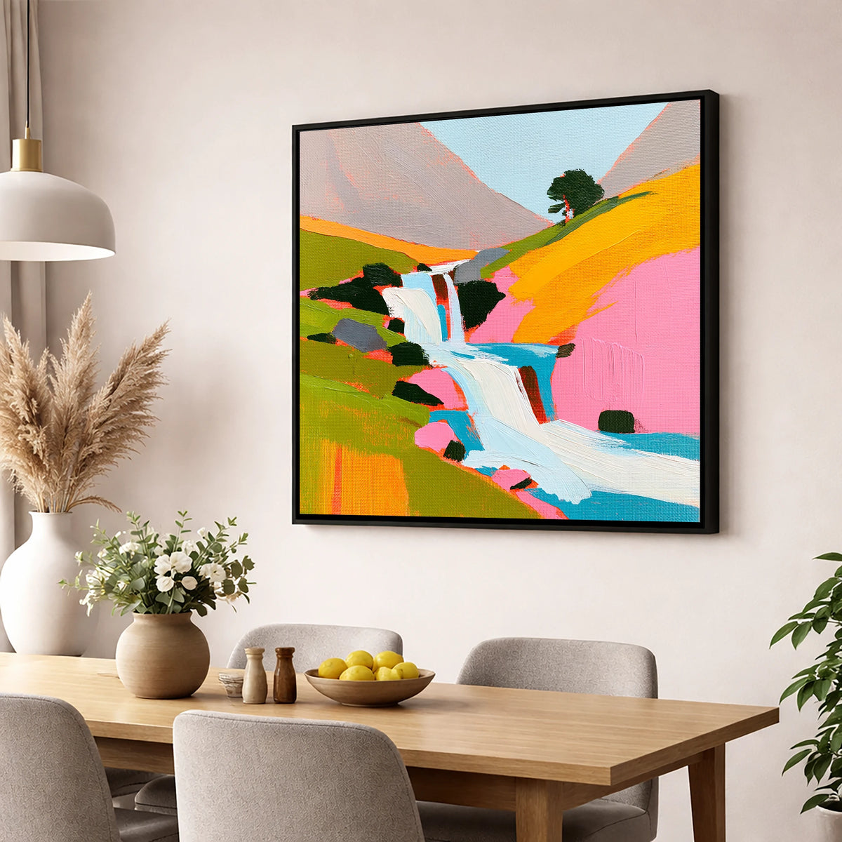 Vibrant Fellside Beck Waterfall lake district waterfall wall art displayed in a dining room