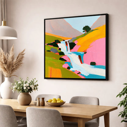 Vibrant Fellside Beck Waterfall lake district waterfall wall art displayed in a dining room