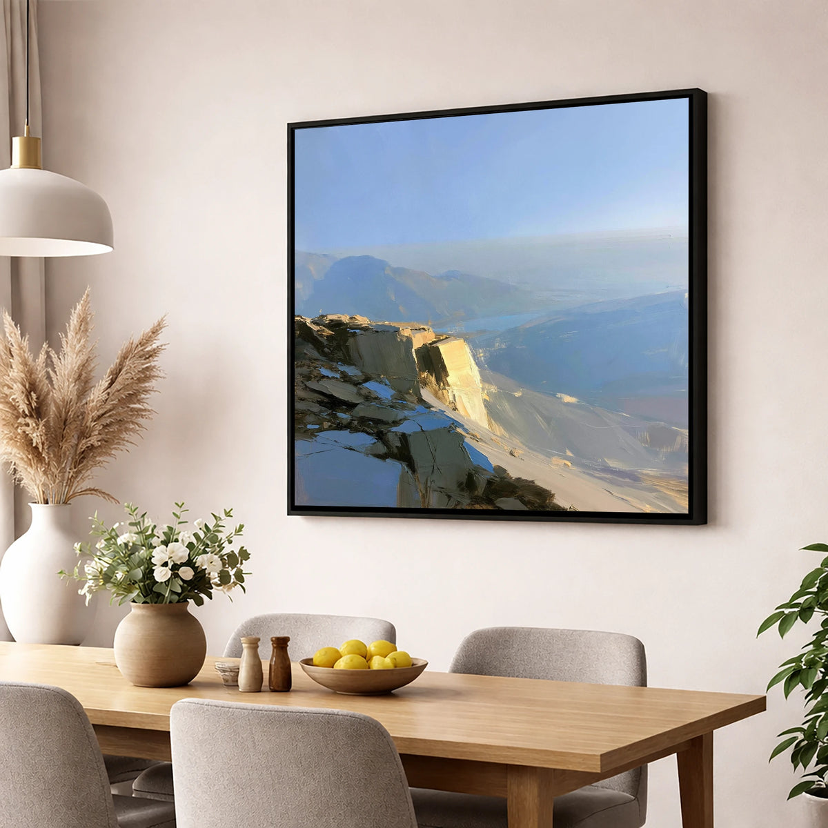 Sunlit Summit Over Hazy Fells lake district fell wall art displayed in a dining room