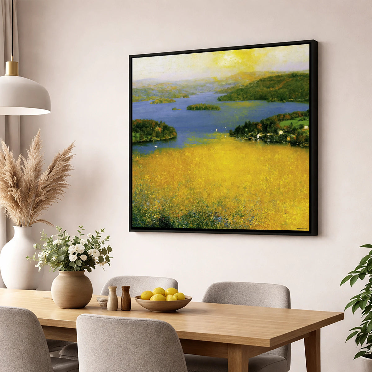 Golden Light Over Bowness Bay lake district village wall art displayed in a dining room