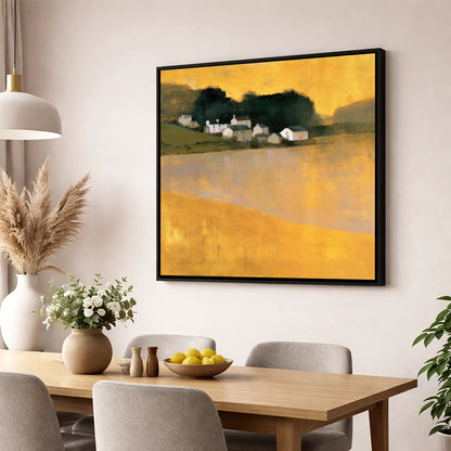 Lakeside Village in Golden Ochre lake district village wall art displayed in a dining room