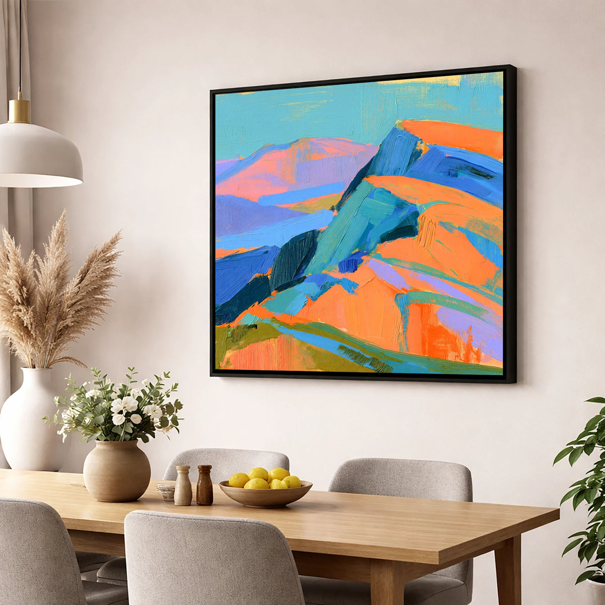 Bright Orange Fell Summit lake district fell wall art displayed in a dining room