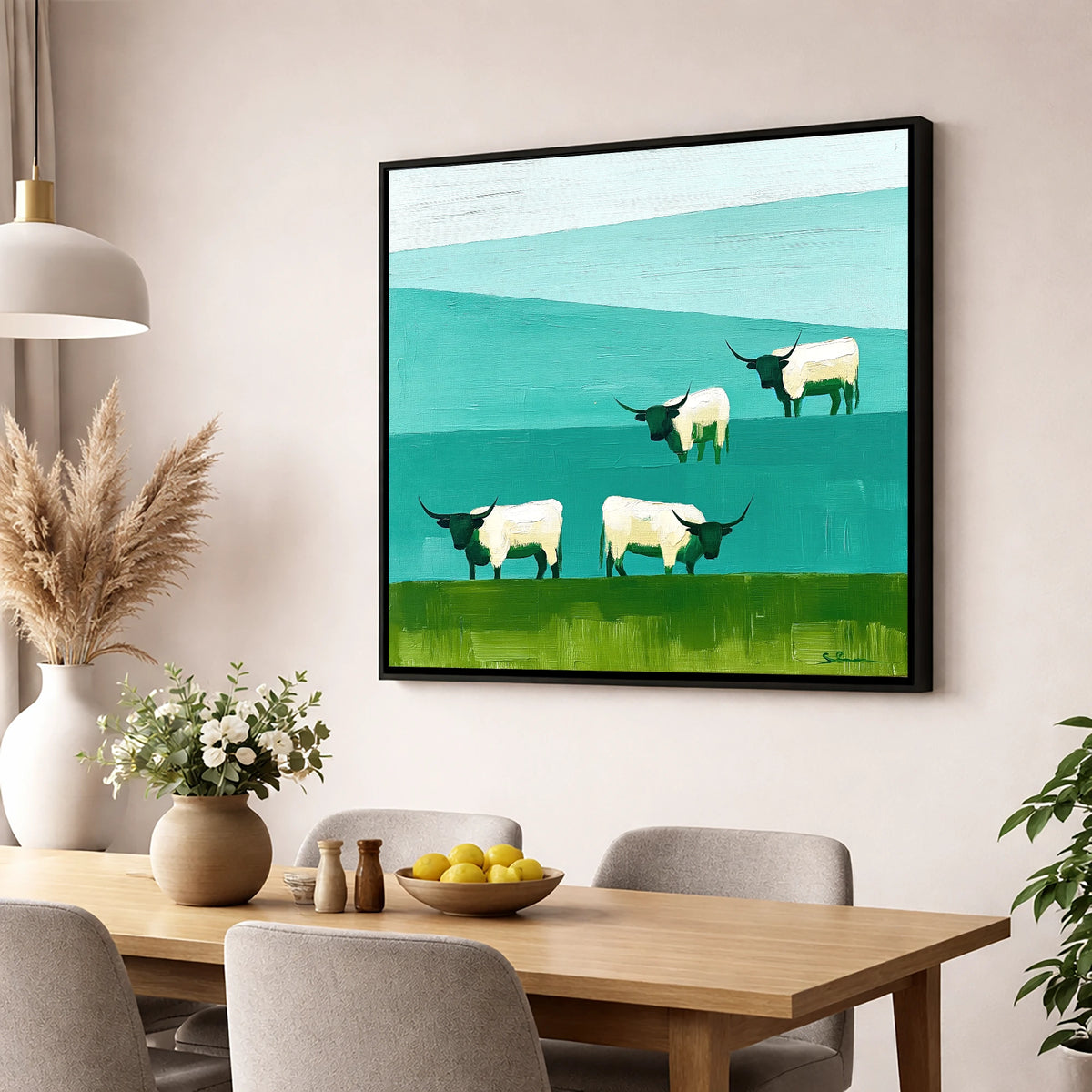 Highland Cattle Against Teal Fells lake district wildlife wall art displayed in a dining room
