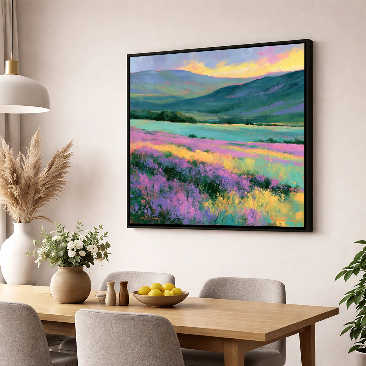 Purple Heather Fellside at Sunset flowers & fellsides wall art displayed in a dining room