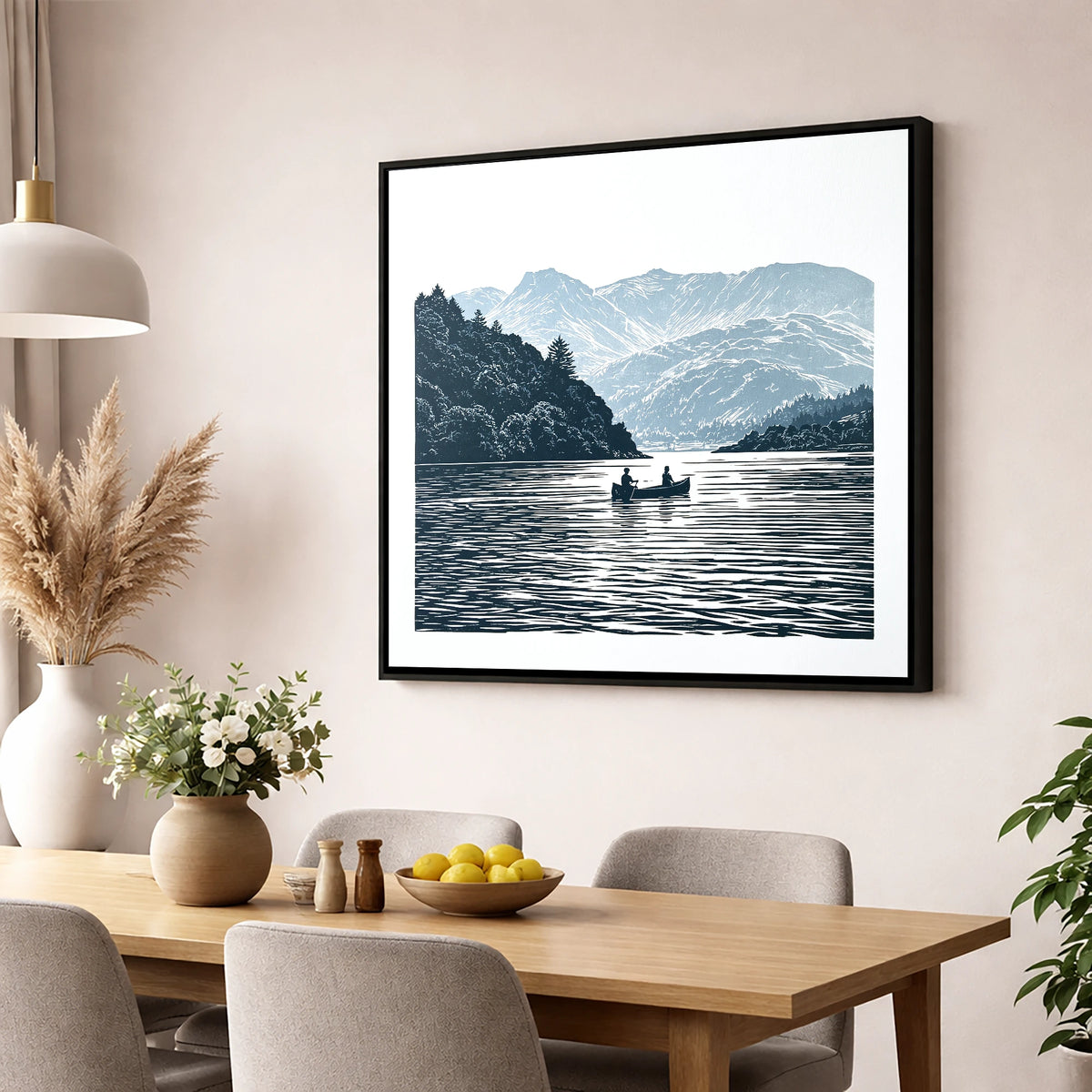 Windermere Canoe In Deep Blue lake district lake wall art displayed in a dining room