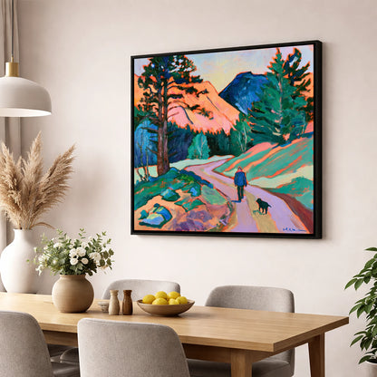 Vibrant Dog Walk at Threlkeld gifts for dog walkers wall art displayed in a dining room