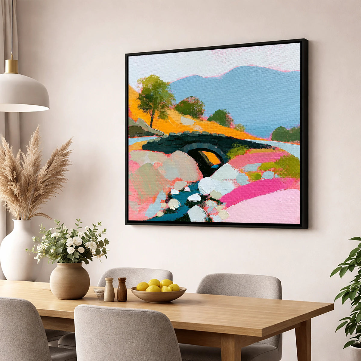 Vibrant Ashness Bridge Borrowdale lake district waterfall wall art displayed in a dining room