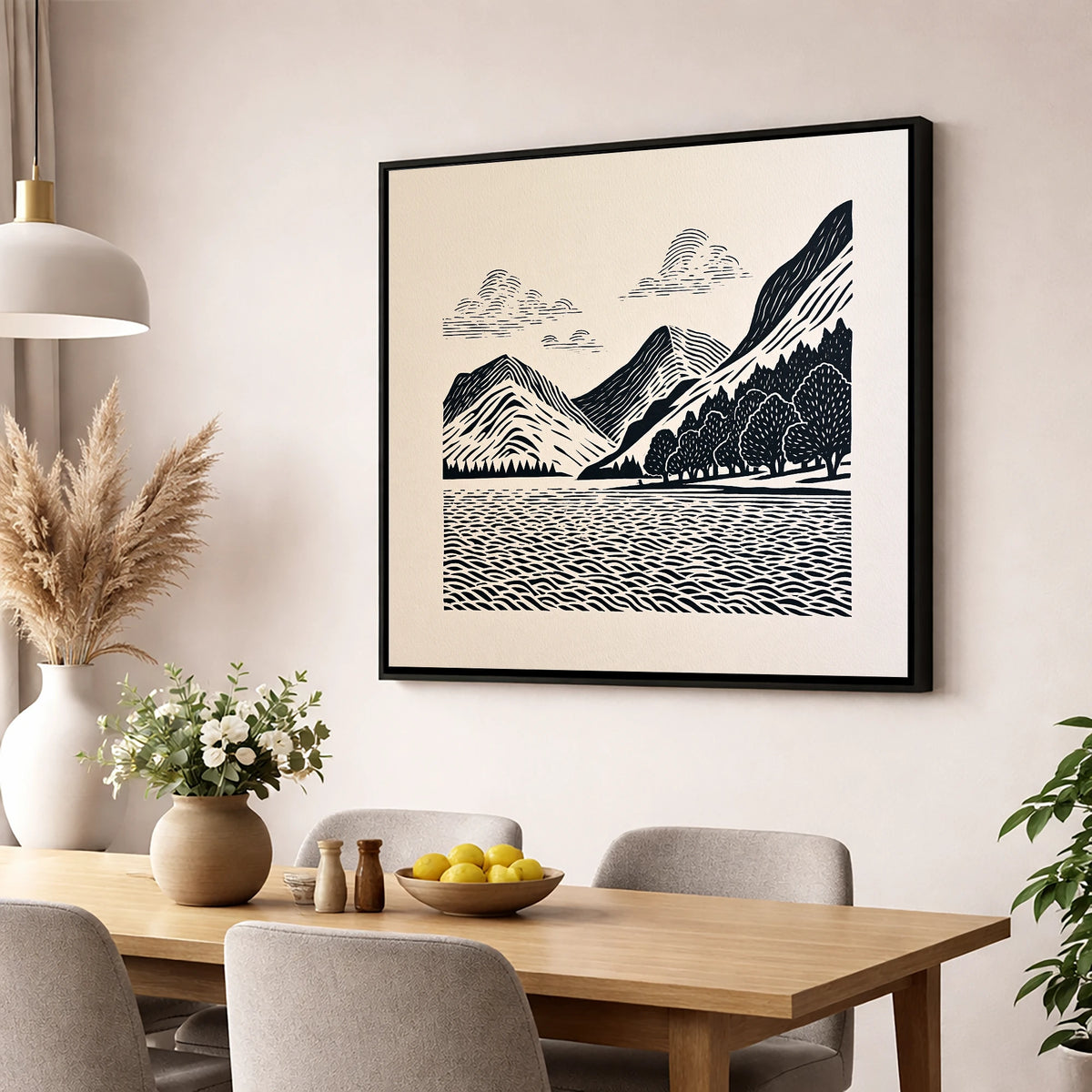 Striking Buttermere Fells and Lake lake district lake wall art displayed in a dining room
