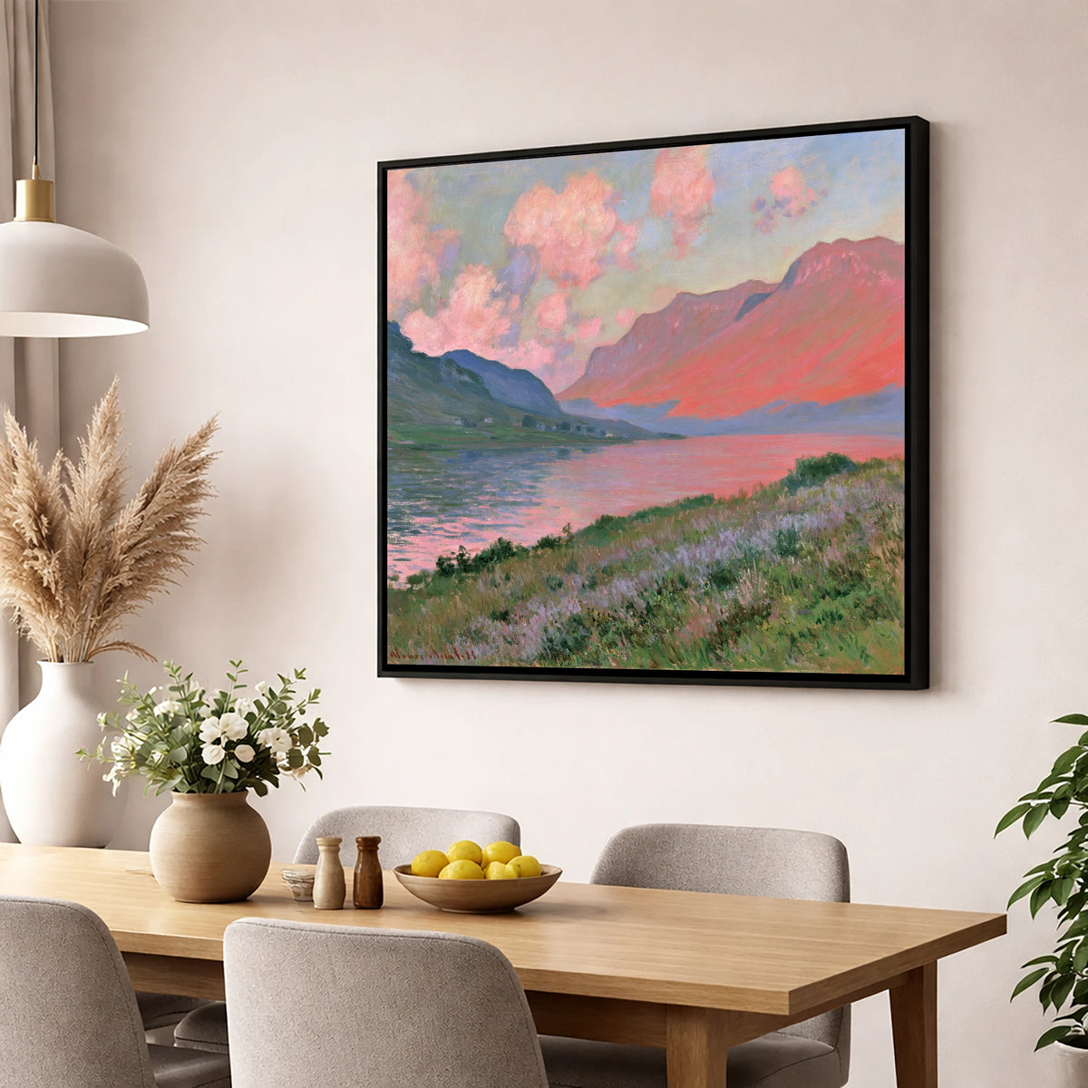 Mountain Lake in Pink Sunset lake district lake wall art displayed in a dining room