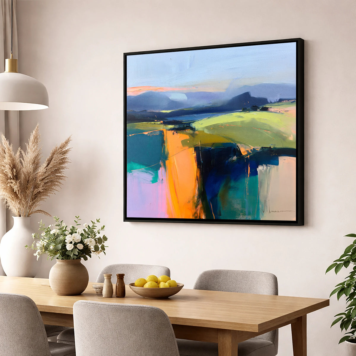 Vibrant Golden Evening Fells lake district sky wall art displayed in a dining room