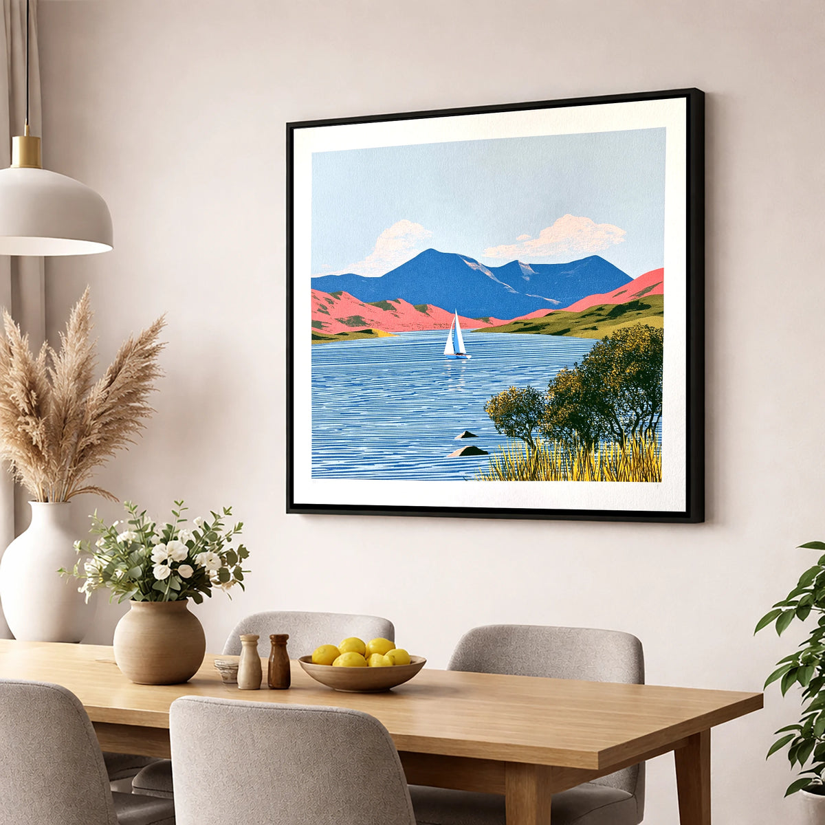 Vibrant Fells Over Coniston Water lake district lake wall art displayed in a dining room