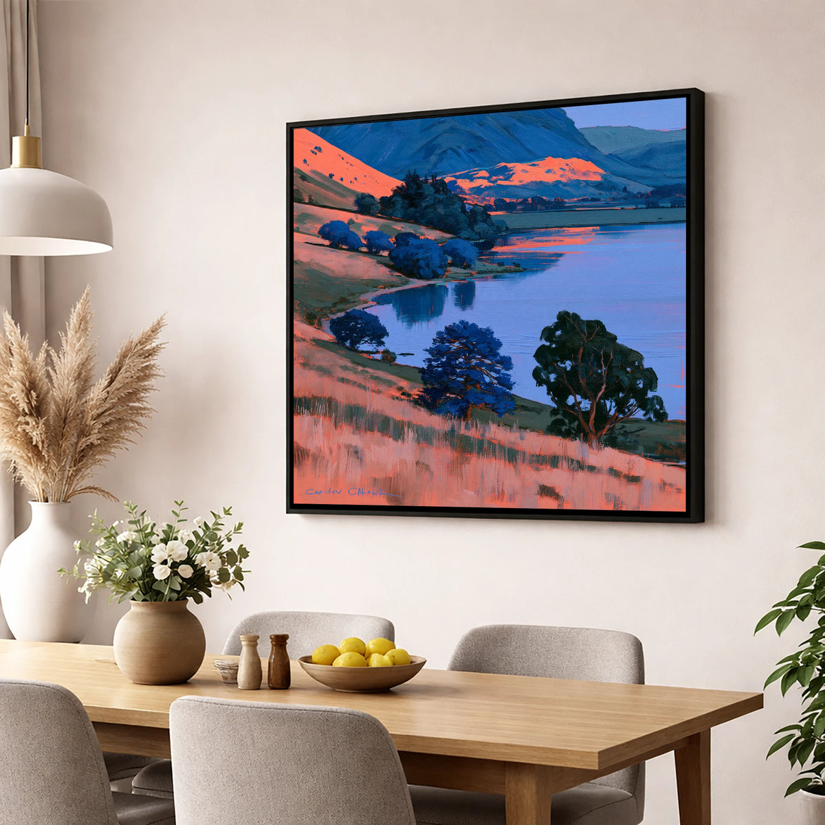Coral Fells and Blue Lake lake district lake wall art displayed in a dining room