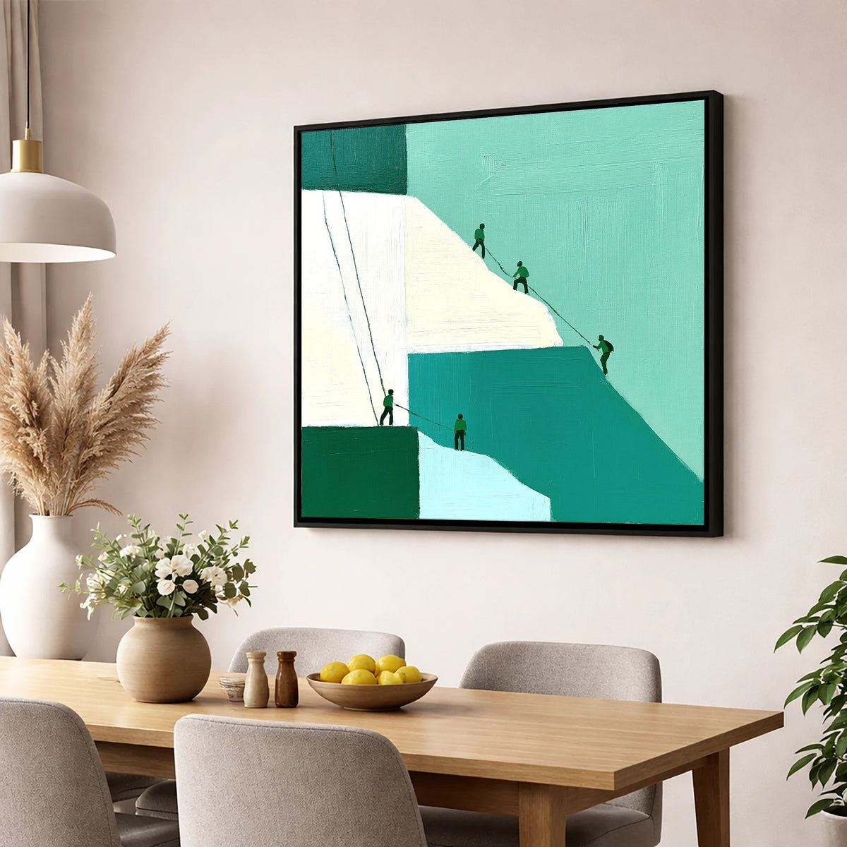 Climbers on a Teal Crag lake district walking wall art displayed in a dining room