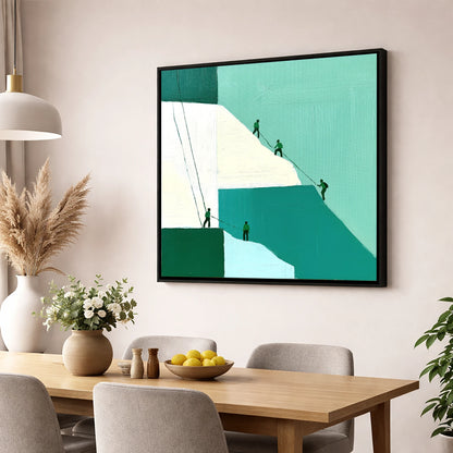 Climbers on a Teal Crag lake district walking wall art displayed in a dining room