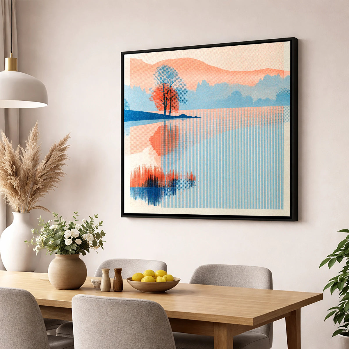Modern Coral Lake Dawn lake district lake wall art displayed in a dining room