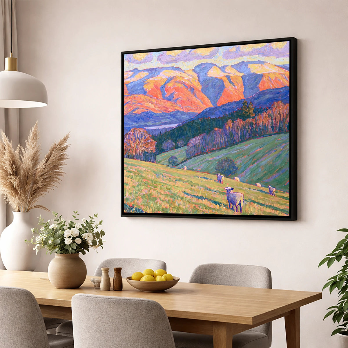 Hawkshead Pastures in Radiant Light lake district village wall art displayed in a dining room