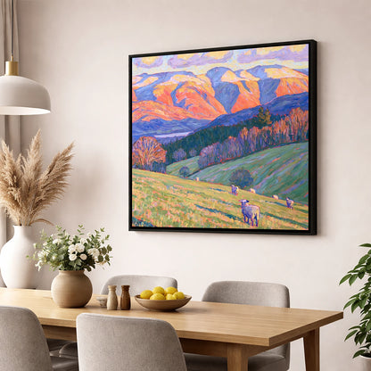 Hawkshead Pastures in Radiant Light lake district village wall art displayed in a dining room