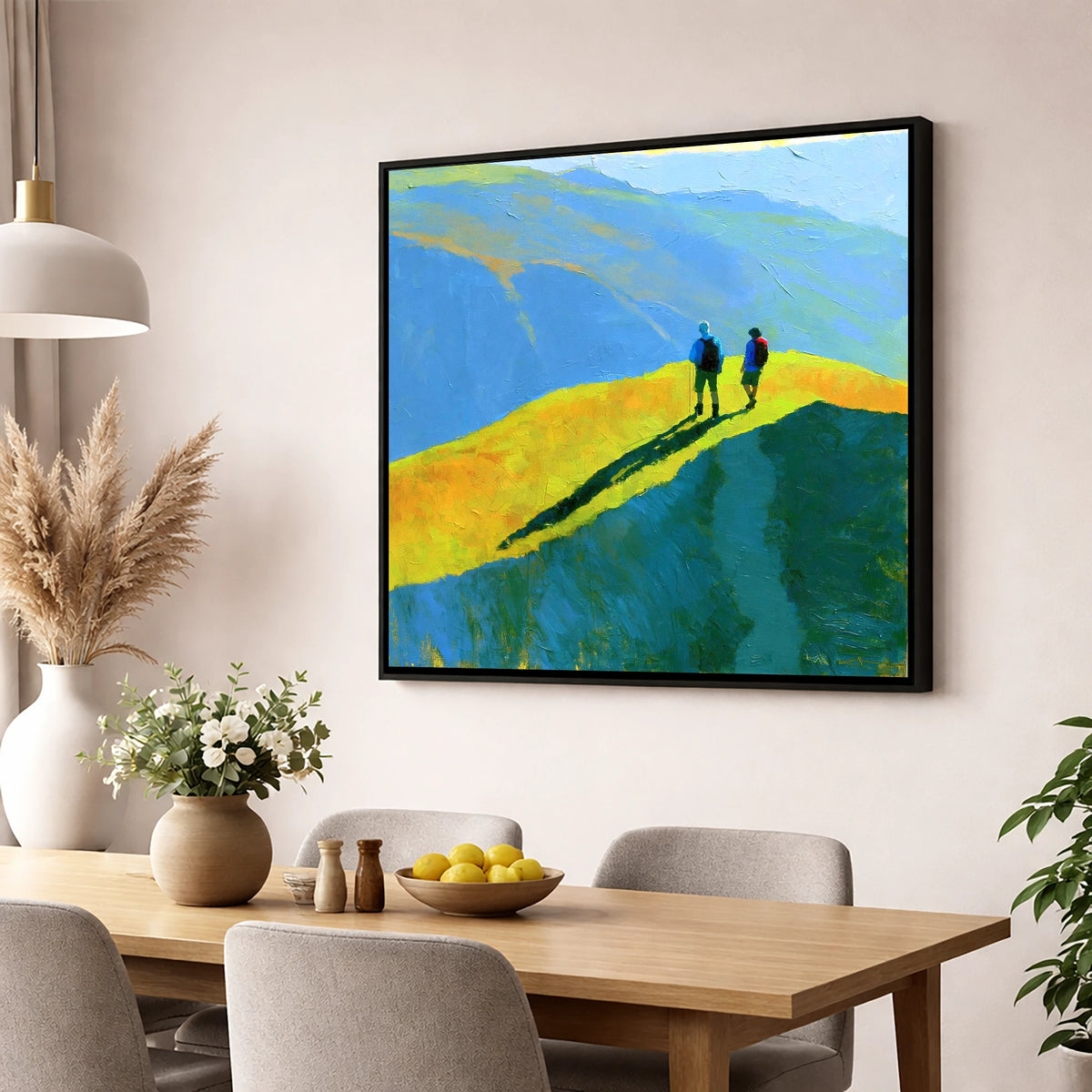 Fell Walkers on a Vibrant Sunlit Ridge lake district fell wall art displayed in a dining room