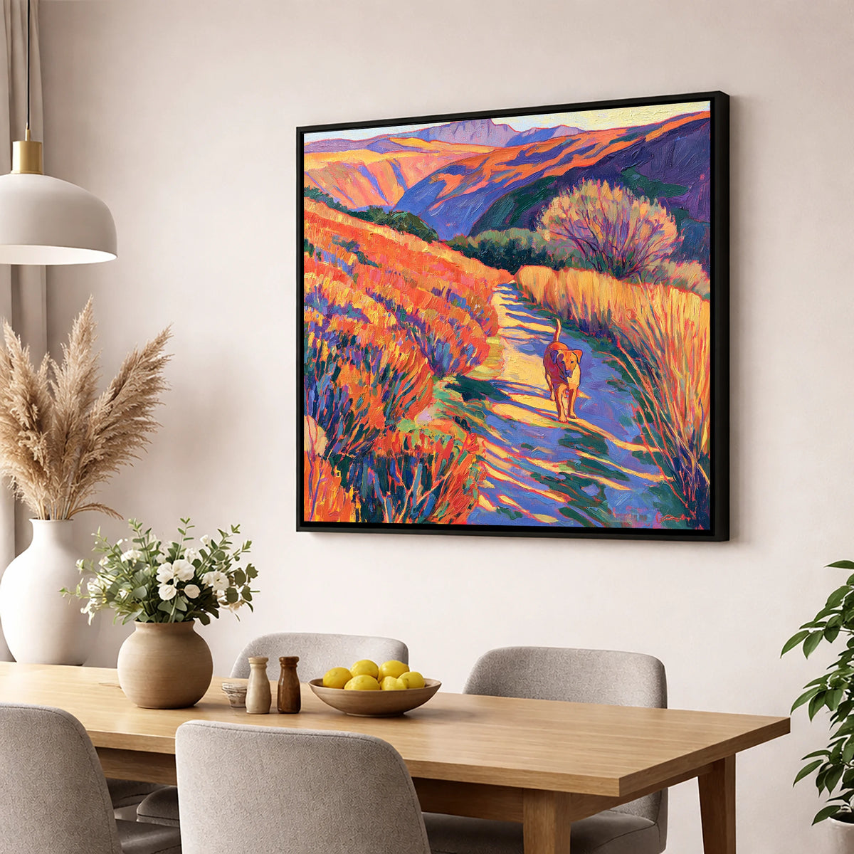 Sunlit Dog Path Near Patterdale gifts for dog walkers wall art displayed in a dining room