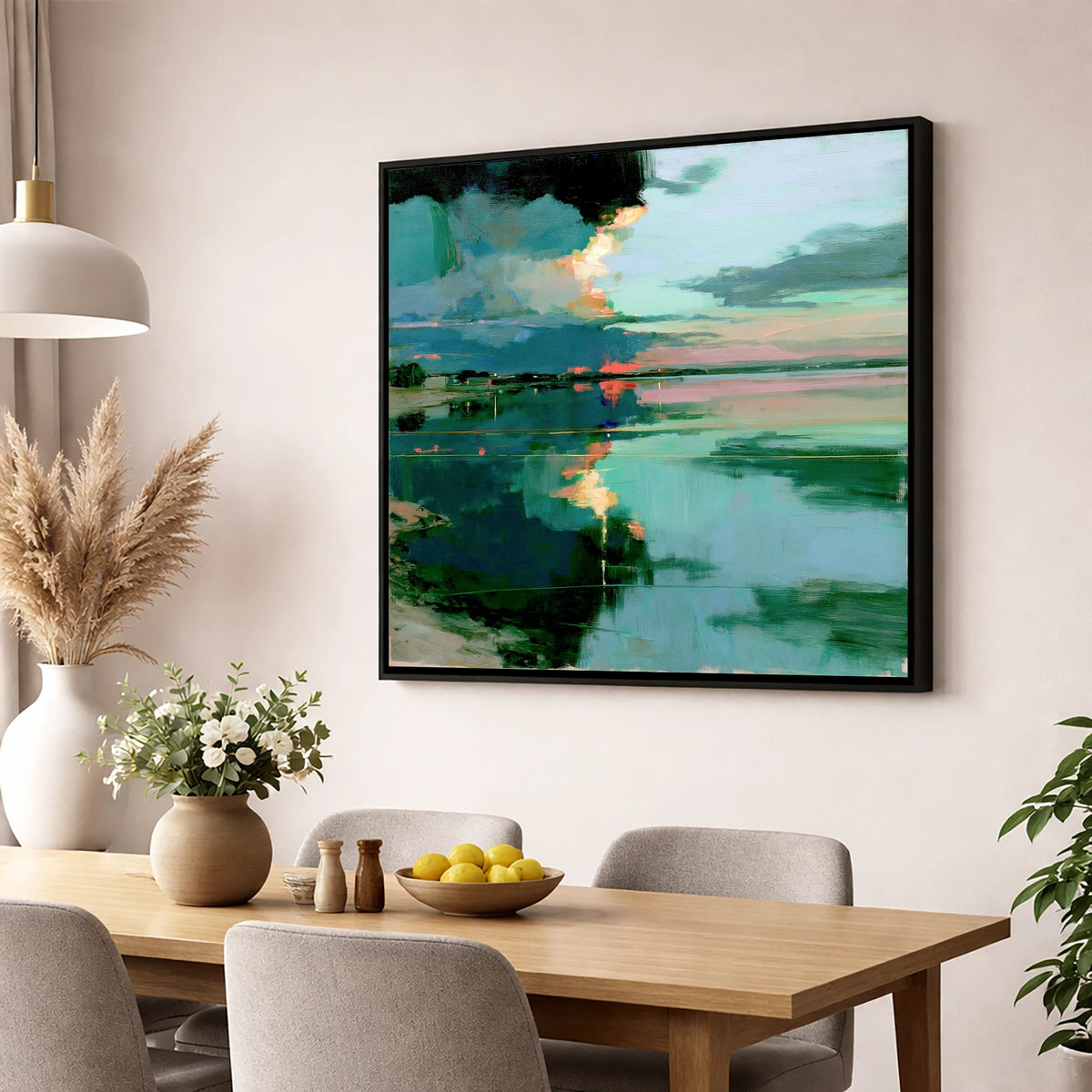 Fiery Sky Lake Reflections lake district lake wall art displayed in a dining room