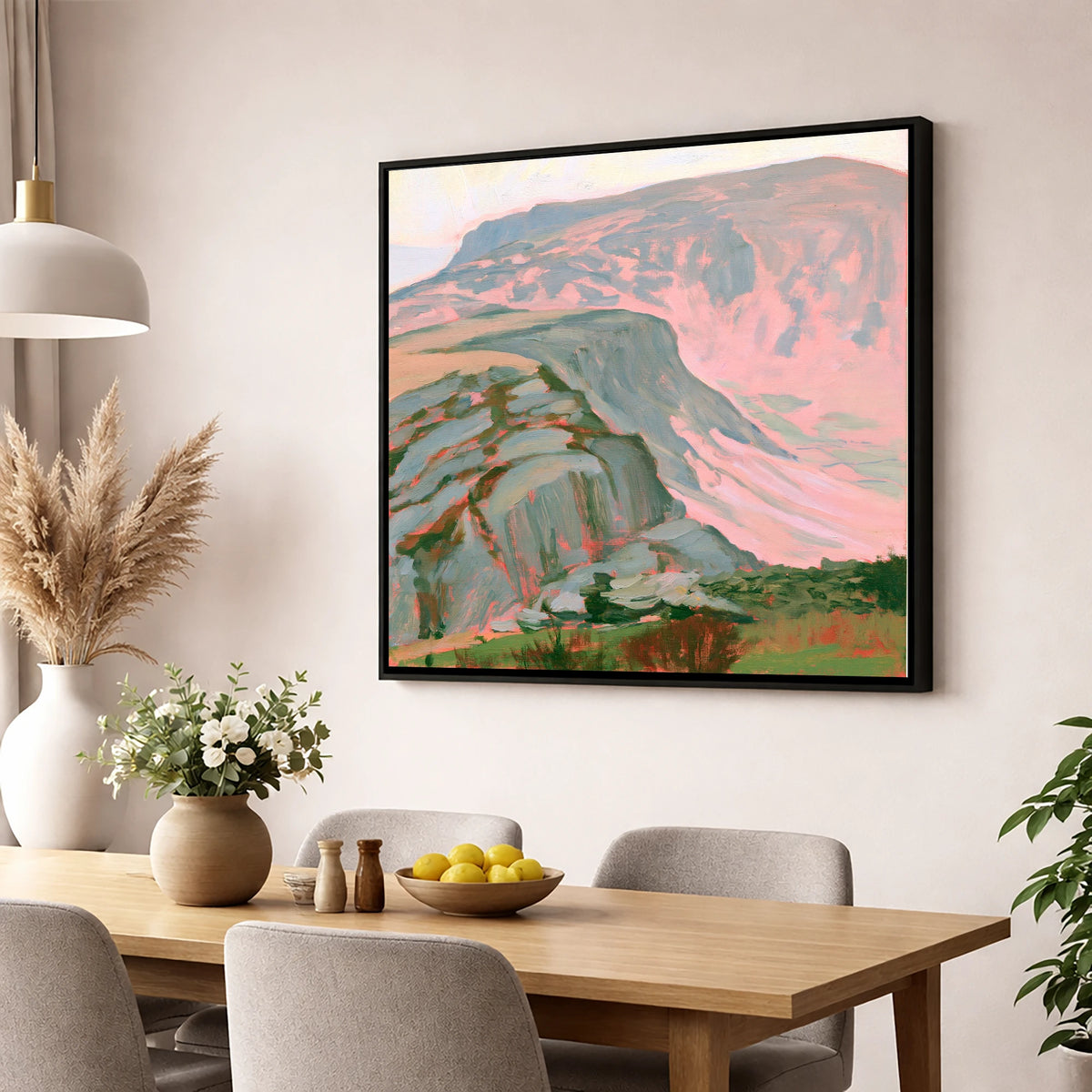 Pastel Pink Mountain Ridge lake district fell wall art displayed in a dining room