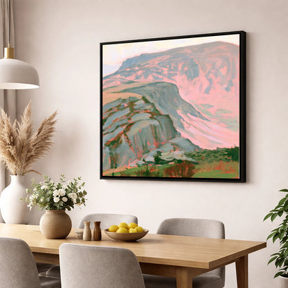 Pastel Pink Mountain Ridge lake district fell wall art displayed in a dining room