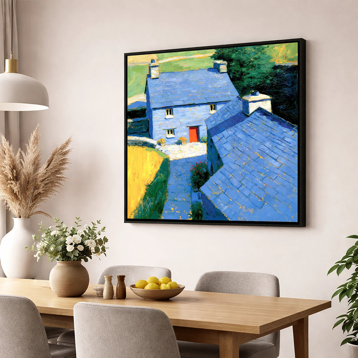 Vibrant Blue Slate Cottages lake district village wall art displayed in a dining room