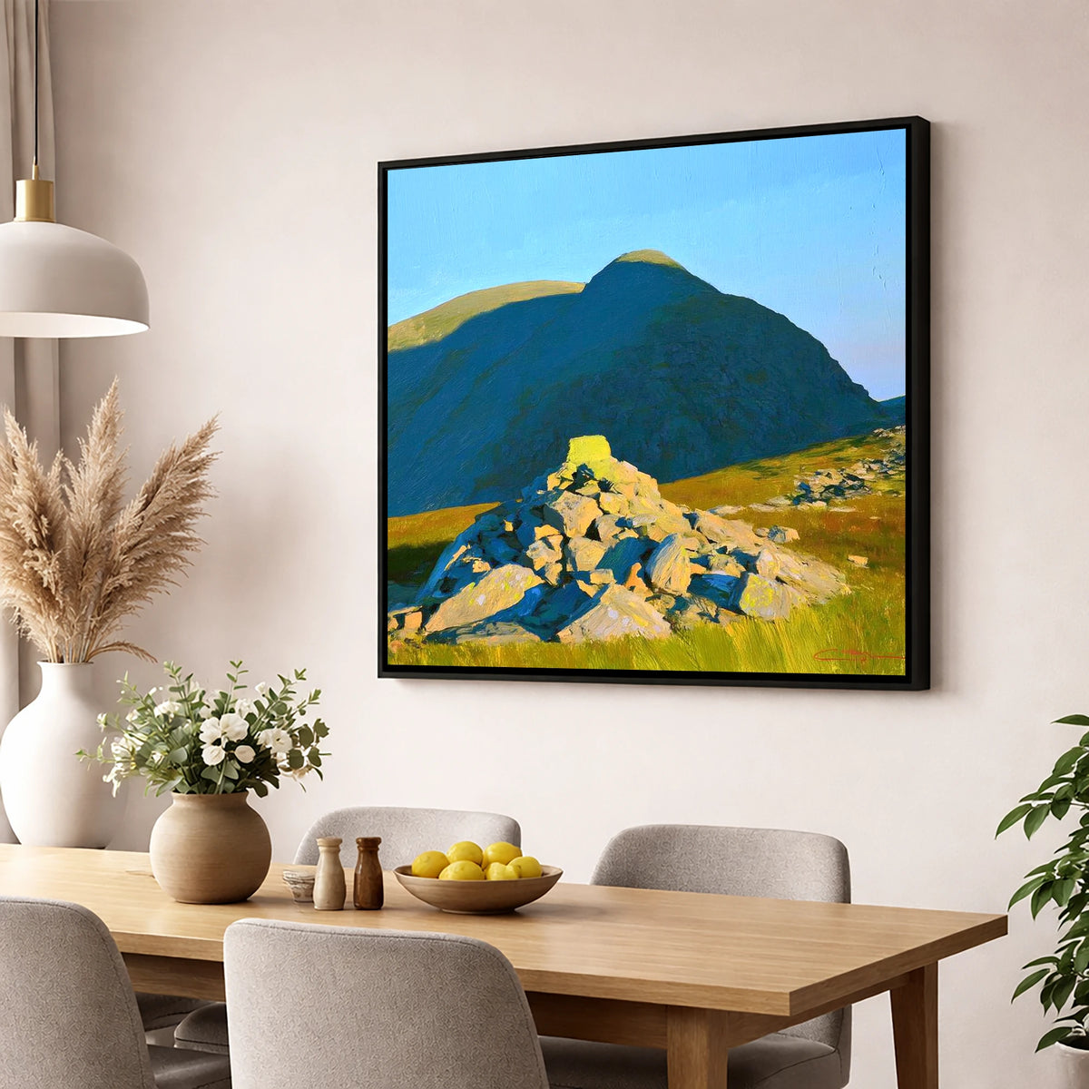 Sunlit Cairn Below Brandreth Peak lake district fell wall art displayed in a dining room