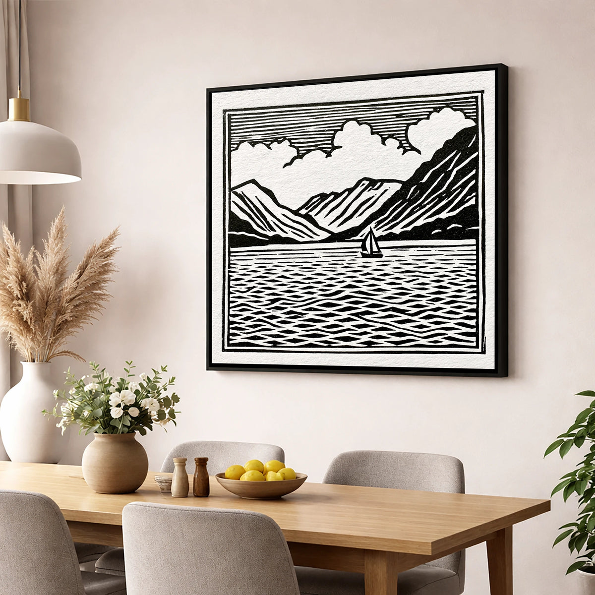 Black and White Ullswater Sailboat lake district lake wall art displayed in a dining room